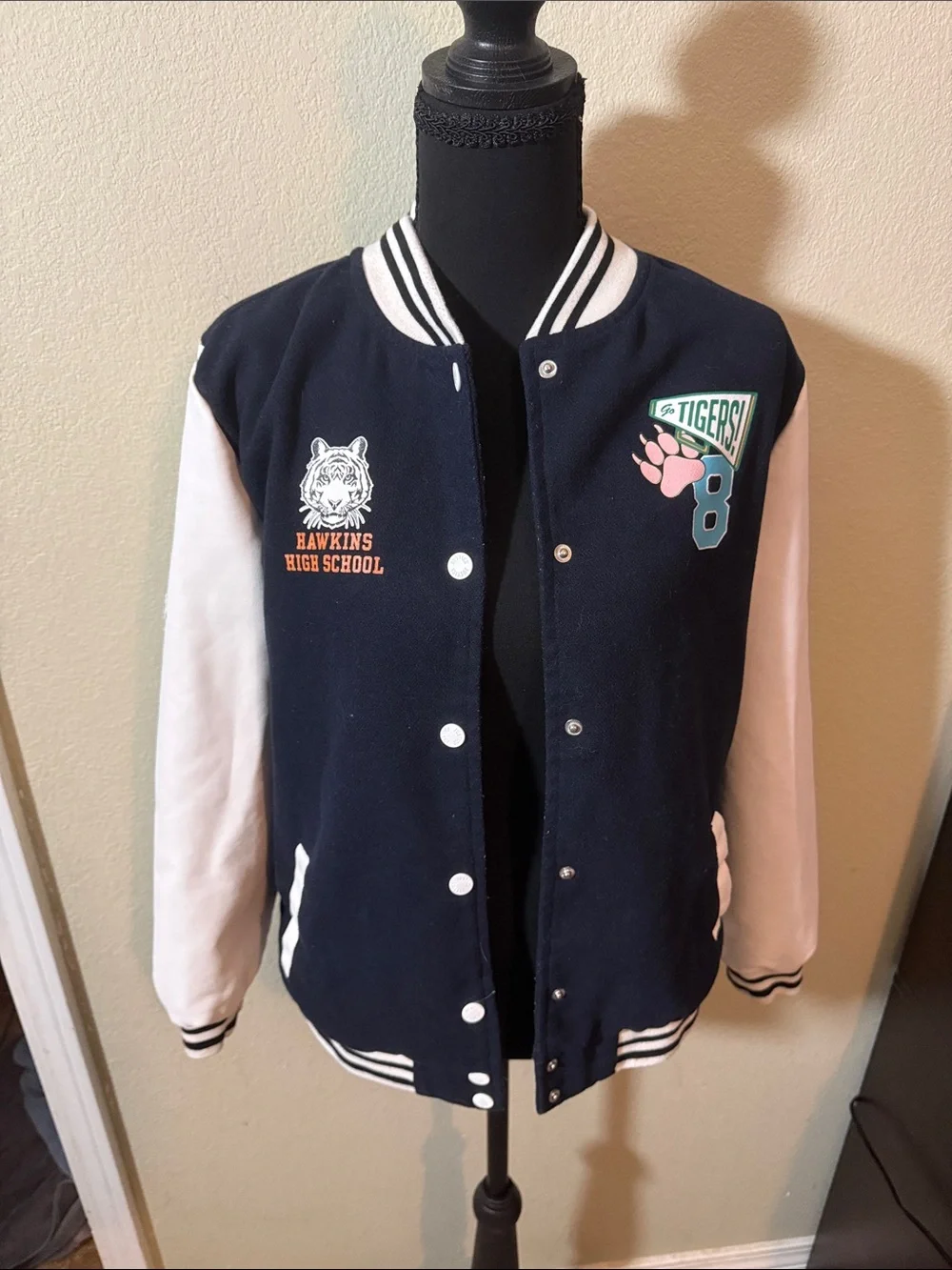 Justice stranger things Navy, White & Turquoise Hawkins Tiger Varsity Jacket